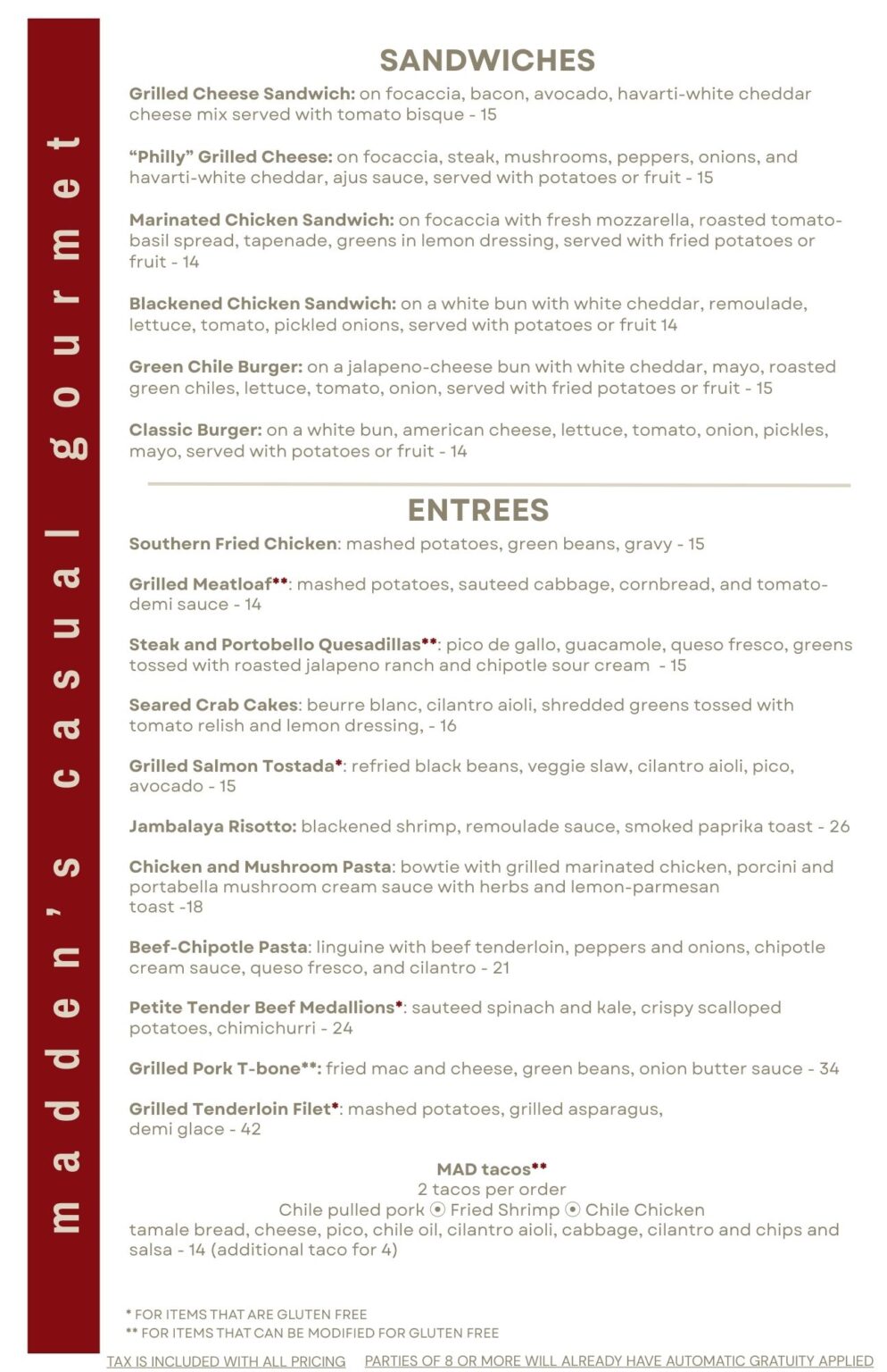 Madden’s Casual Gourmet Food Menu